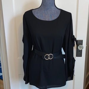 Black long sleeve top with tie sleeves